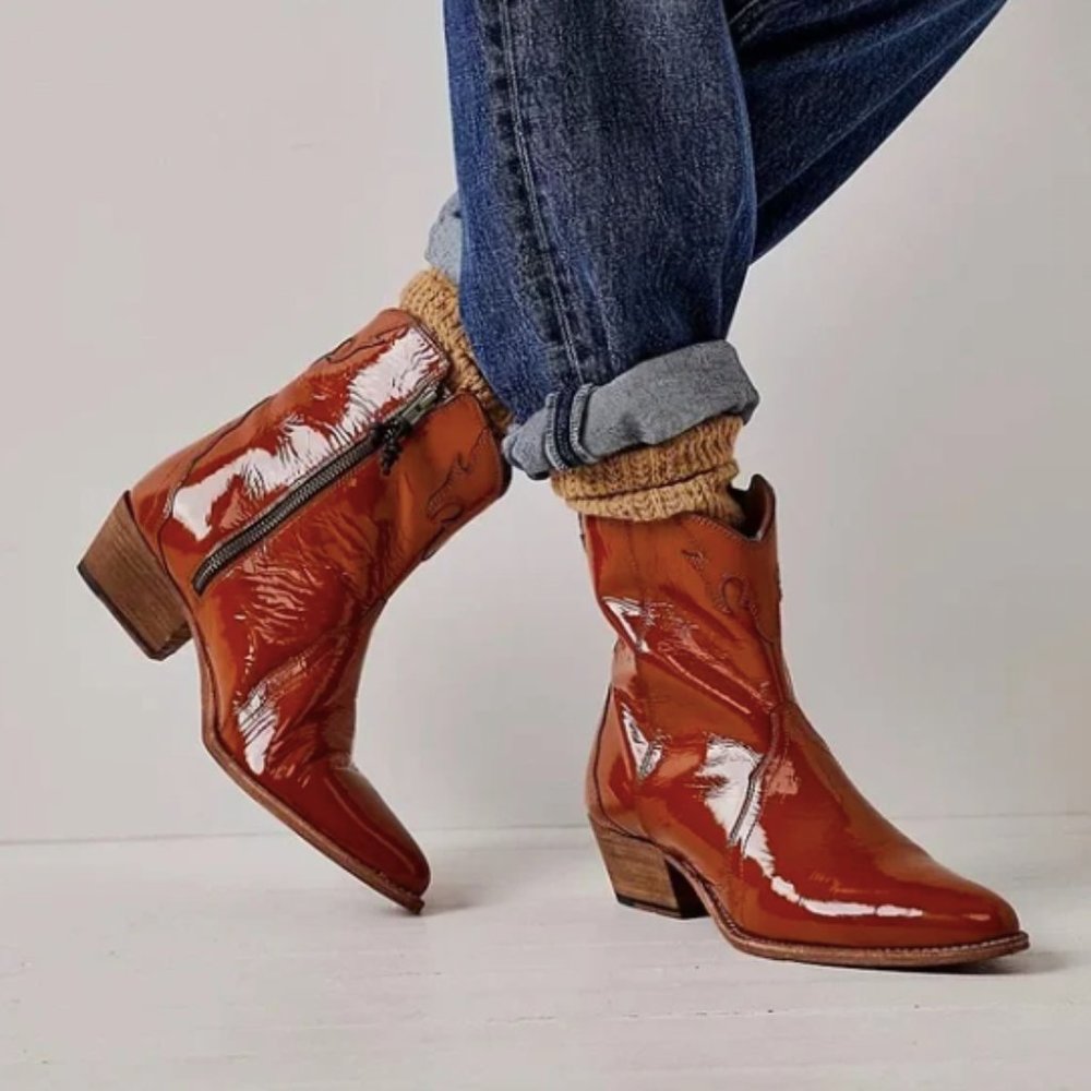Free People New Frontier Western Boot - Wine Patent Leather